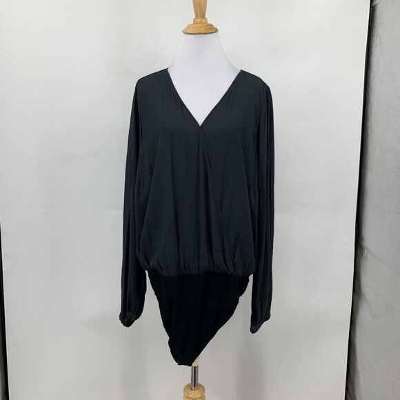 Torrid Surplice Bodysuit Womens 1 Stretch Long Sleeve Chiffon Back Tie Black - Picture 2 of 16